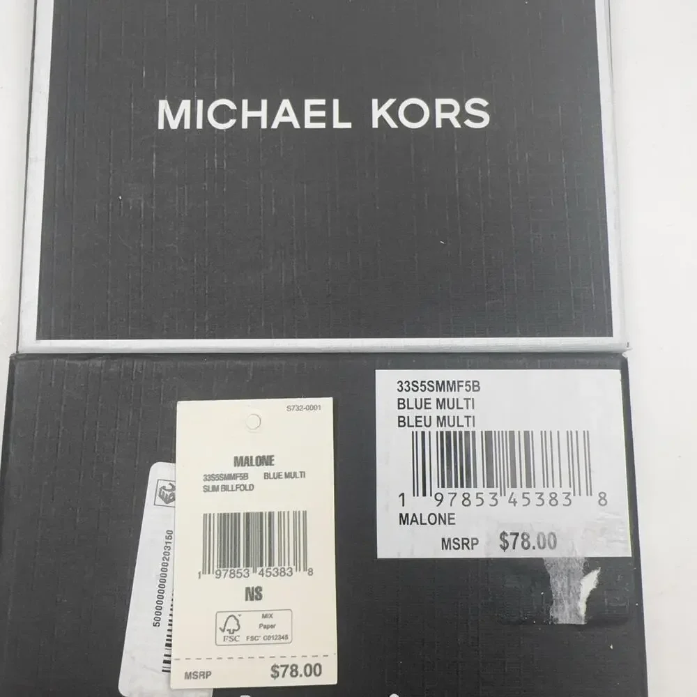 Michael Kors Malone Wallet Slim Billfold Mens Stripe Logo Blue Multi White